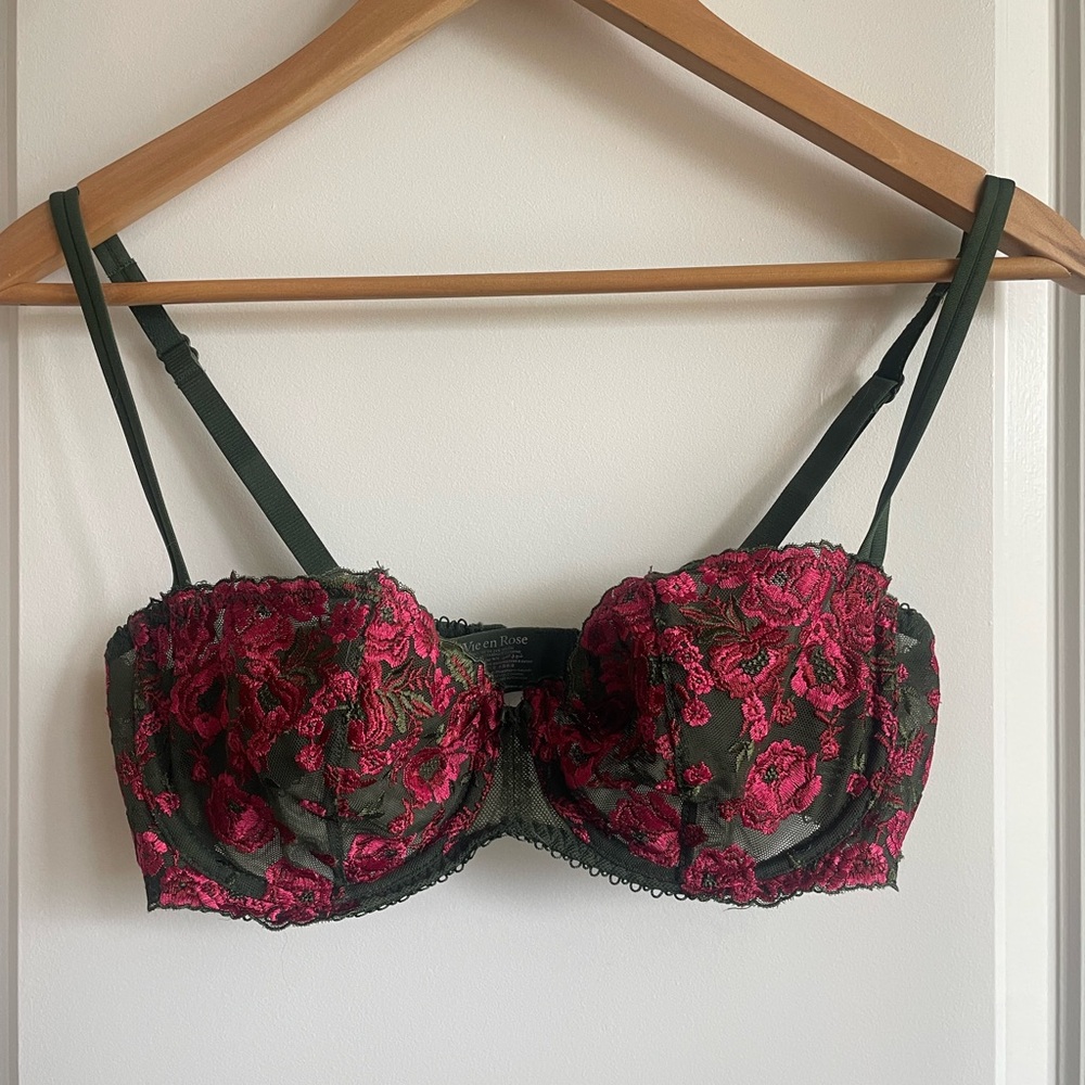 Brand New La Vie En Rose Green Balconette Bra with Pink Floral Embroidery